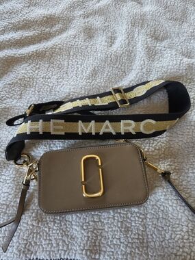 Marc Jacobs Camera Bag with Logo Strap - Taupe & Black with Gold Hardware